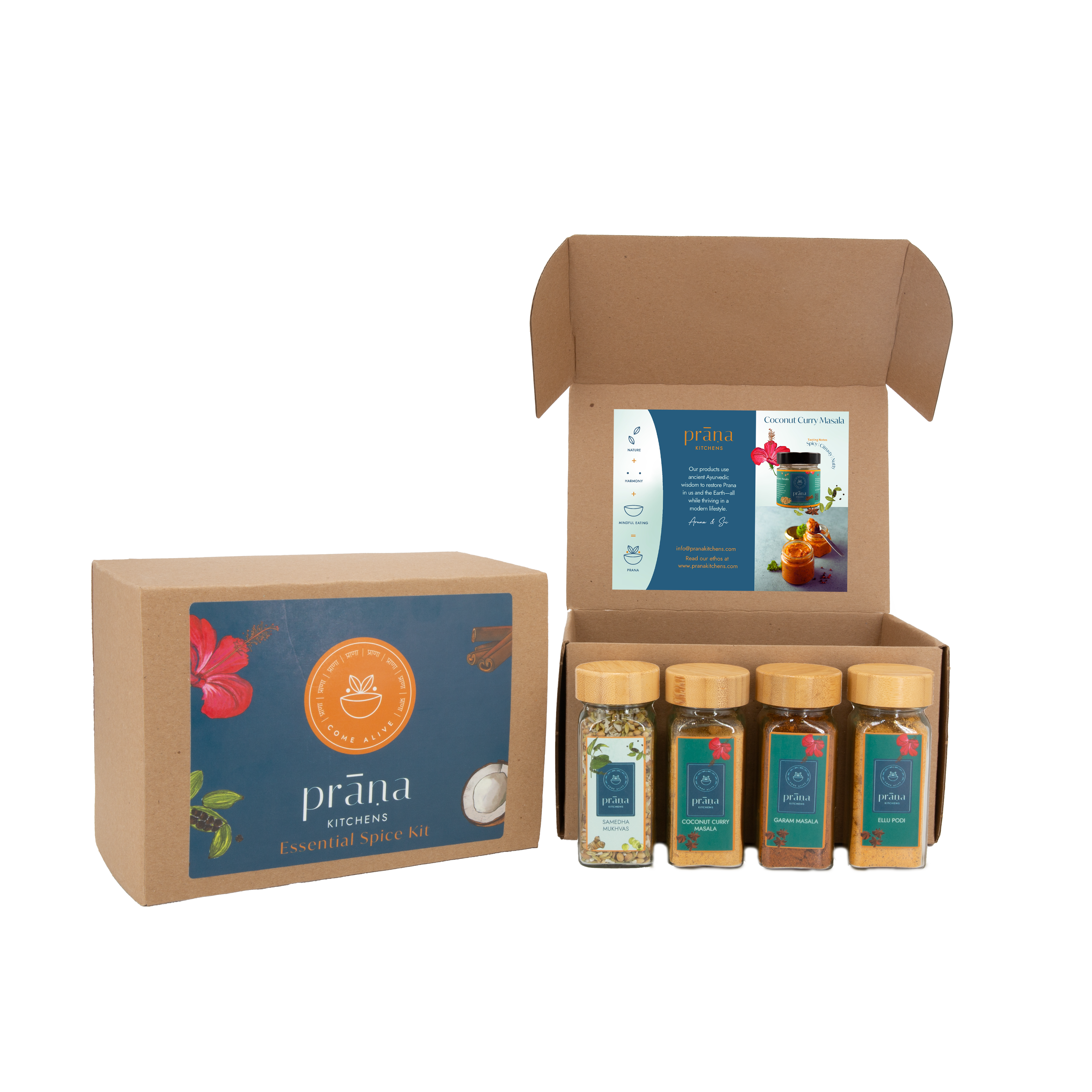 Prana Kitchens Essential Spice Kit Gift Box. Includes Garam Masala, Coconut Curry Masala, Ellu Podi and Samedha Mukhvas