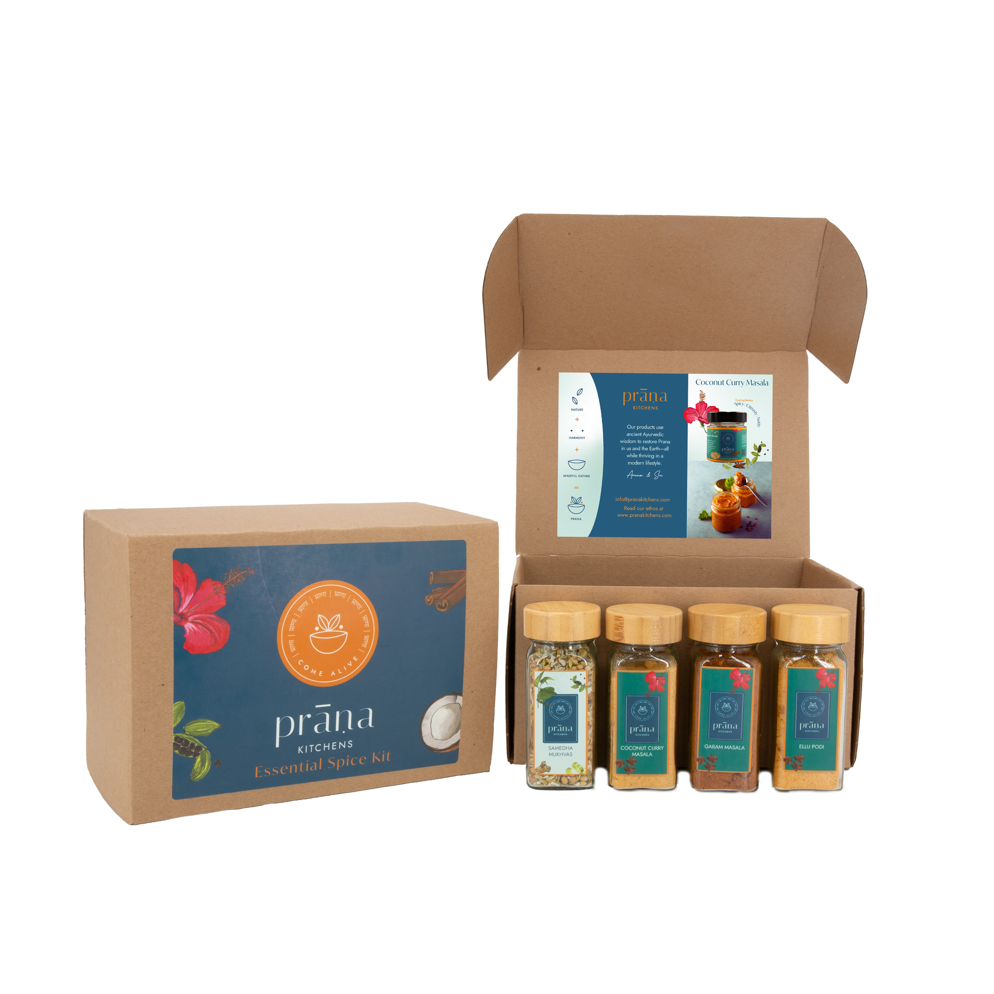 Prana Kitchens Essential Spice Kit Gift Box. Includes Garam Masala, Coconut Curry Masala, Ellu Podi and Samedha Mukhvas