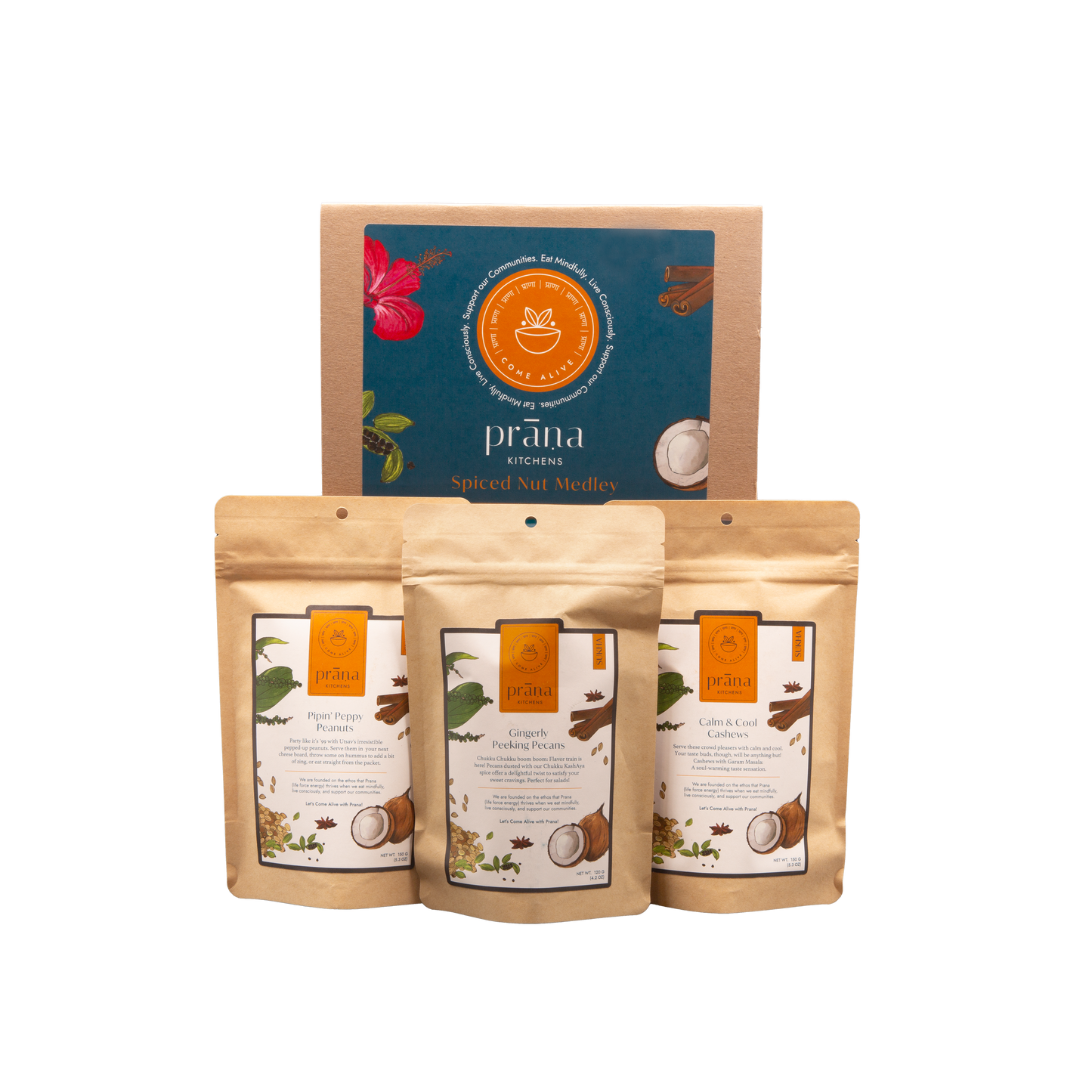 Prana Kitchens Spiced Nut Medley featuring Pipin Peppy Peanuts, Gingerly Peeking Pecans and Calm & Cool Cashews