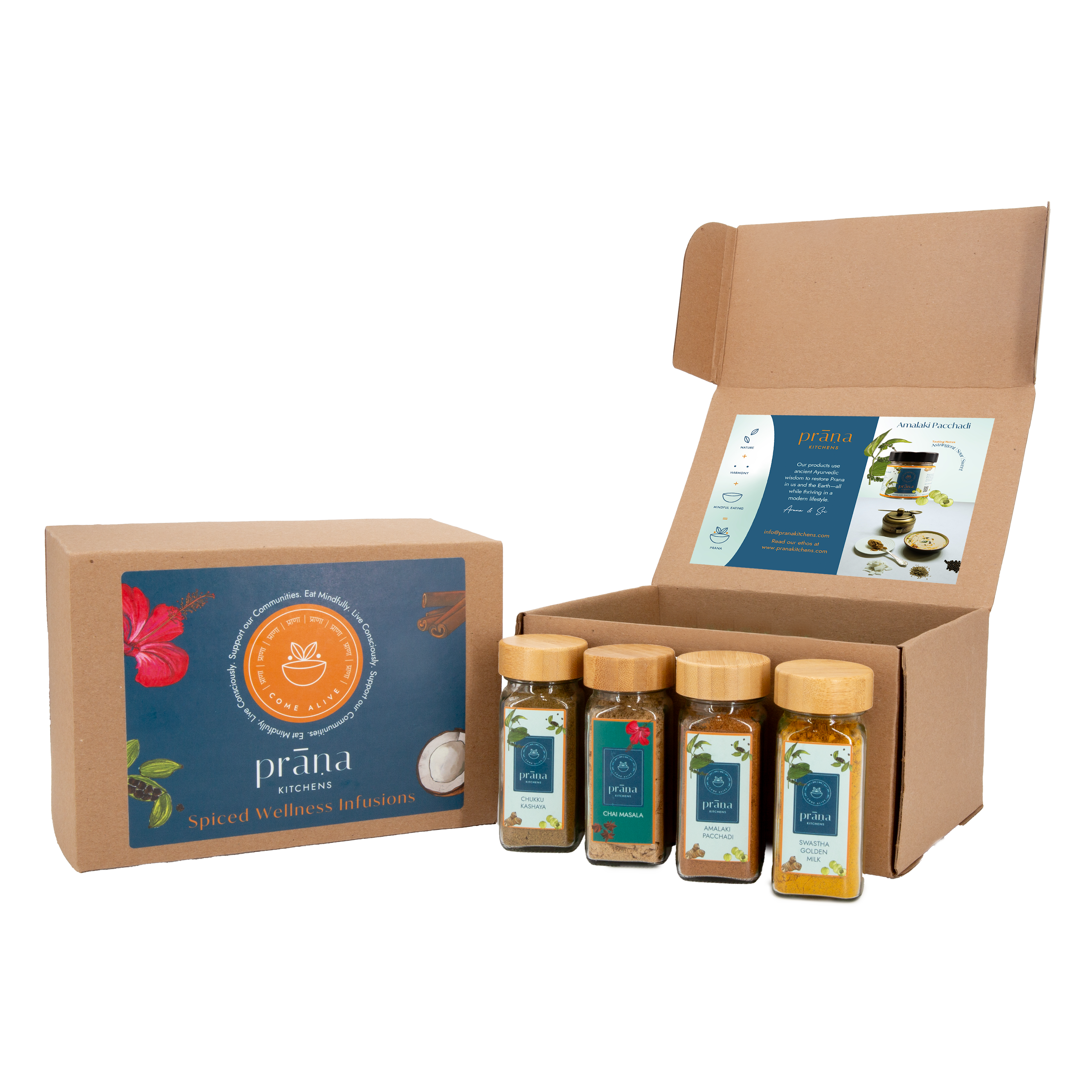 Prana Kitchens Spiced Wellness Infusions Gift Box. Includes Swastha Golden Milk, Chai Masala, Chukku Kashaya and Amalaki Pacchadi