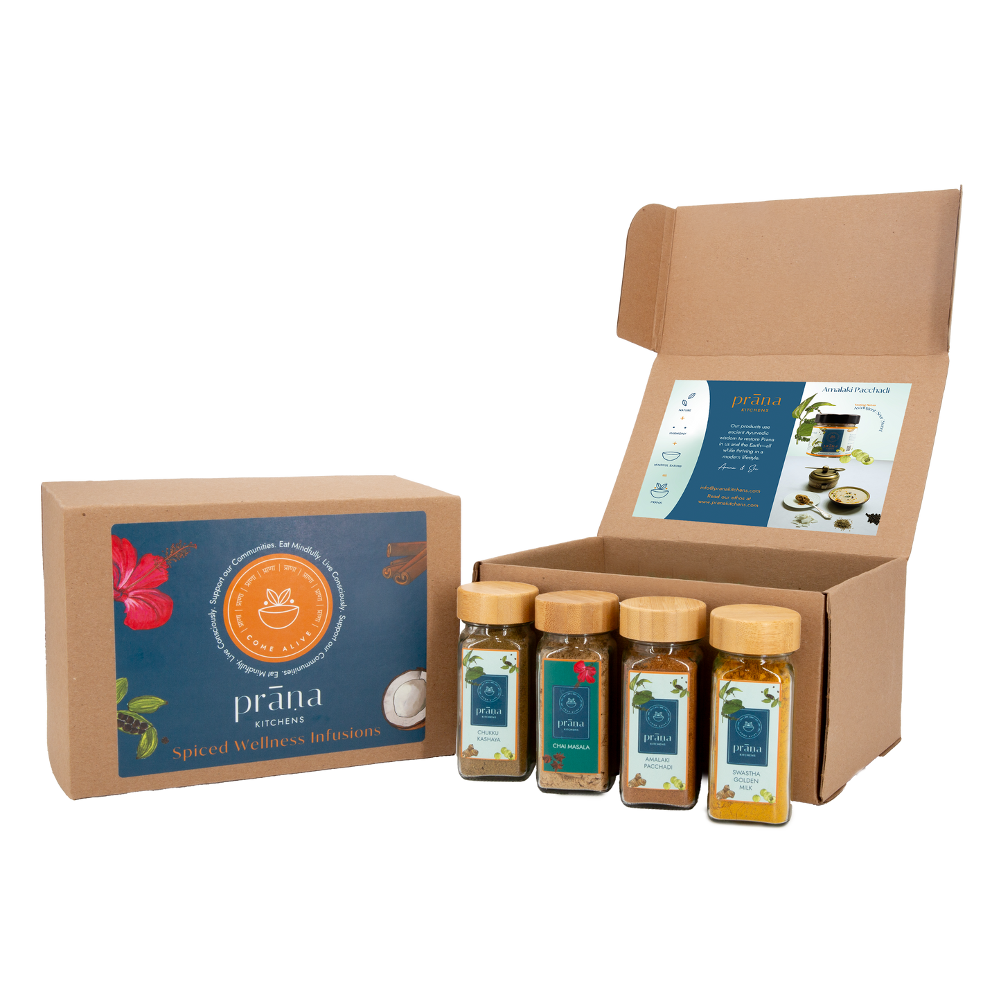 Prana Kitchens Spiced Wellness Infusions Gift Box. Includes Swastha Golden Milk, Chai Masala, Chukku Kashaya and Amalaki Pacchadi